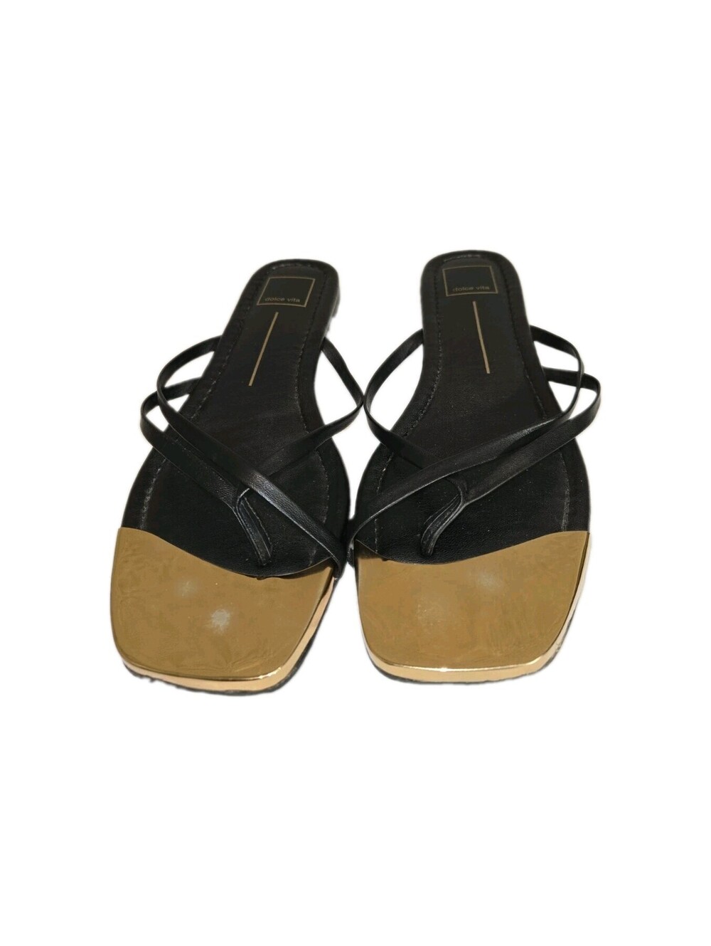dolce vita sandals Laguna  Sz 10 Leather Black Gold Toe Bed Strappy Slide